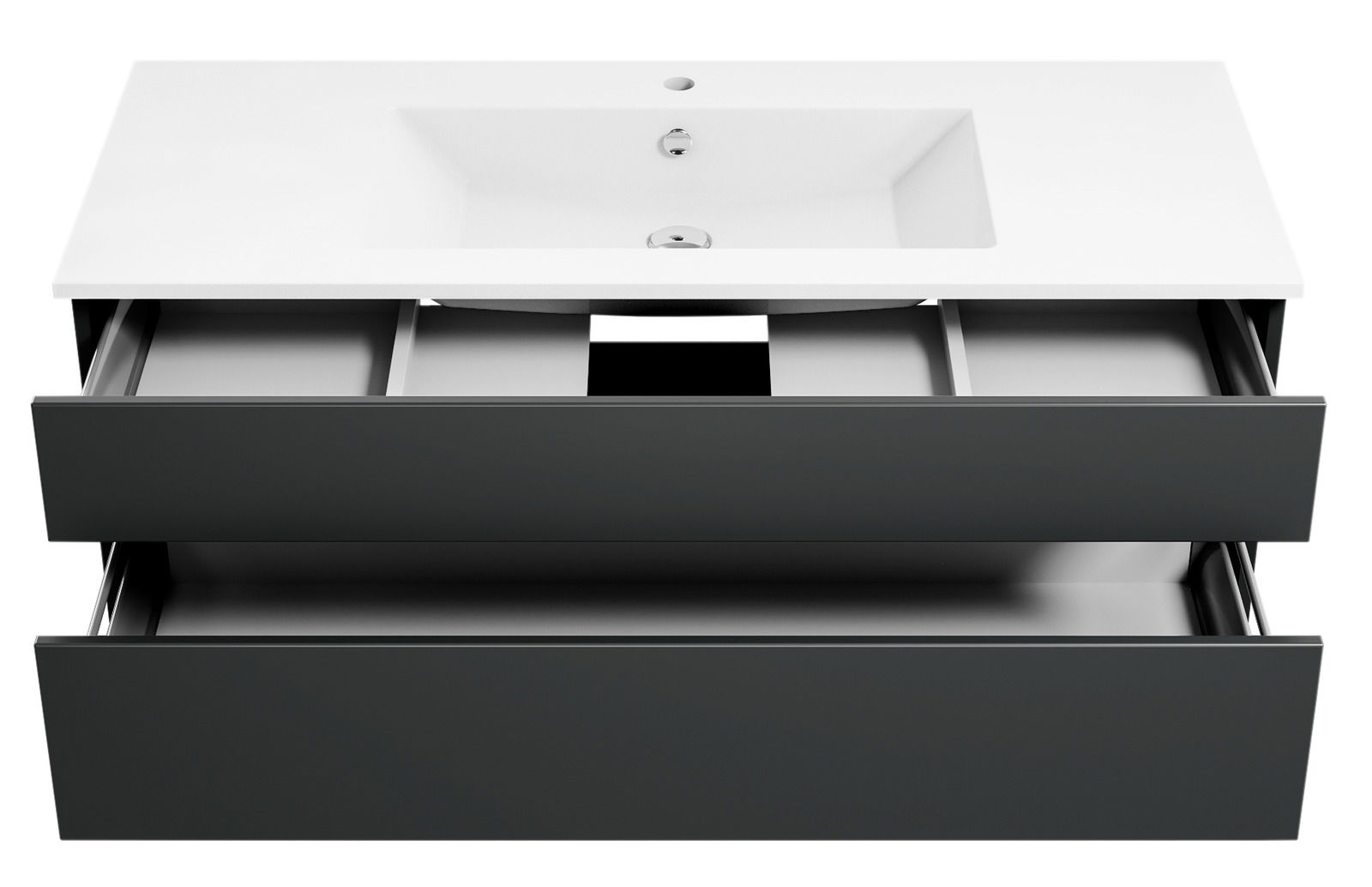 Moderne Badkombination mit zwei offenen Schubladen und integriertem Waschbecken, Ansicht von vorne