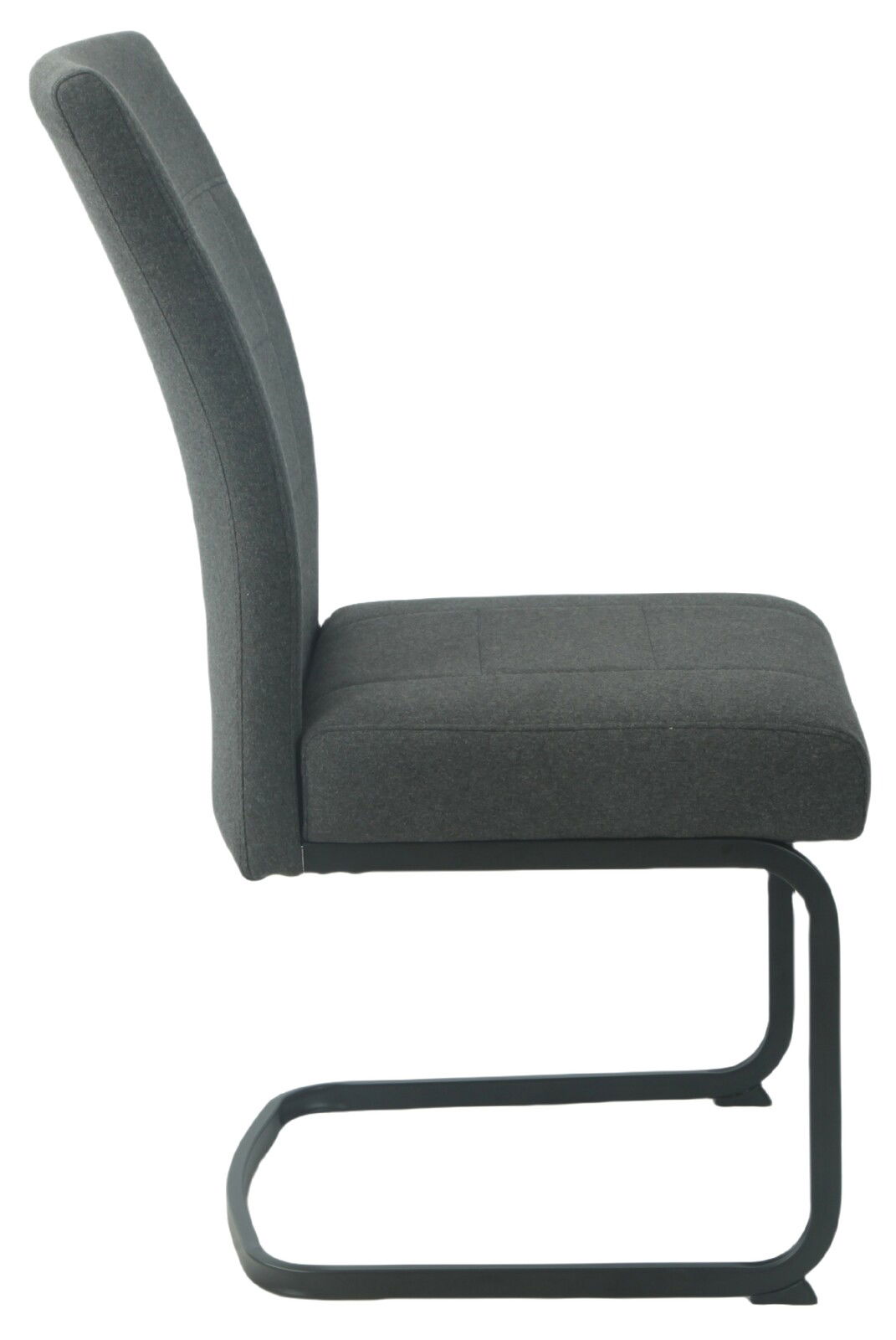 Seitenansicht eines grauen Schwingstuhls mit gepolsterter Sitzfläche und Rückenlehne auf einem schwarzen Metallgestell.