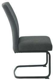 Seitenansicht eines grauen Schwingstuhls mit gepolsterter Sitzfläche und Rückenlehne auf einem schwarzen Metallgestell.