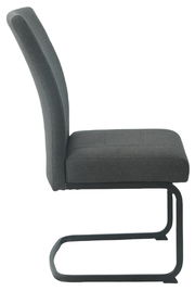 Seitenansicht eines grauen Schwingstuhls mit gepolsterter Sitzfläche und Rückenlehne auf einem schwarzen Metallgestell.