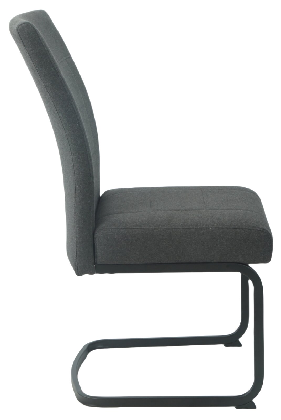 Seitenansicht eines grauen Schwingstuhls mit gepolsterter Sitzfläche und Rückenlehne auf einem schwarzen Metallgestell.