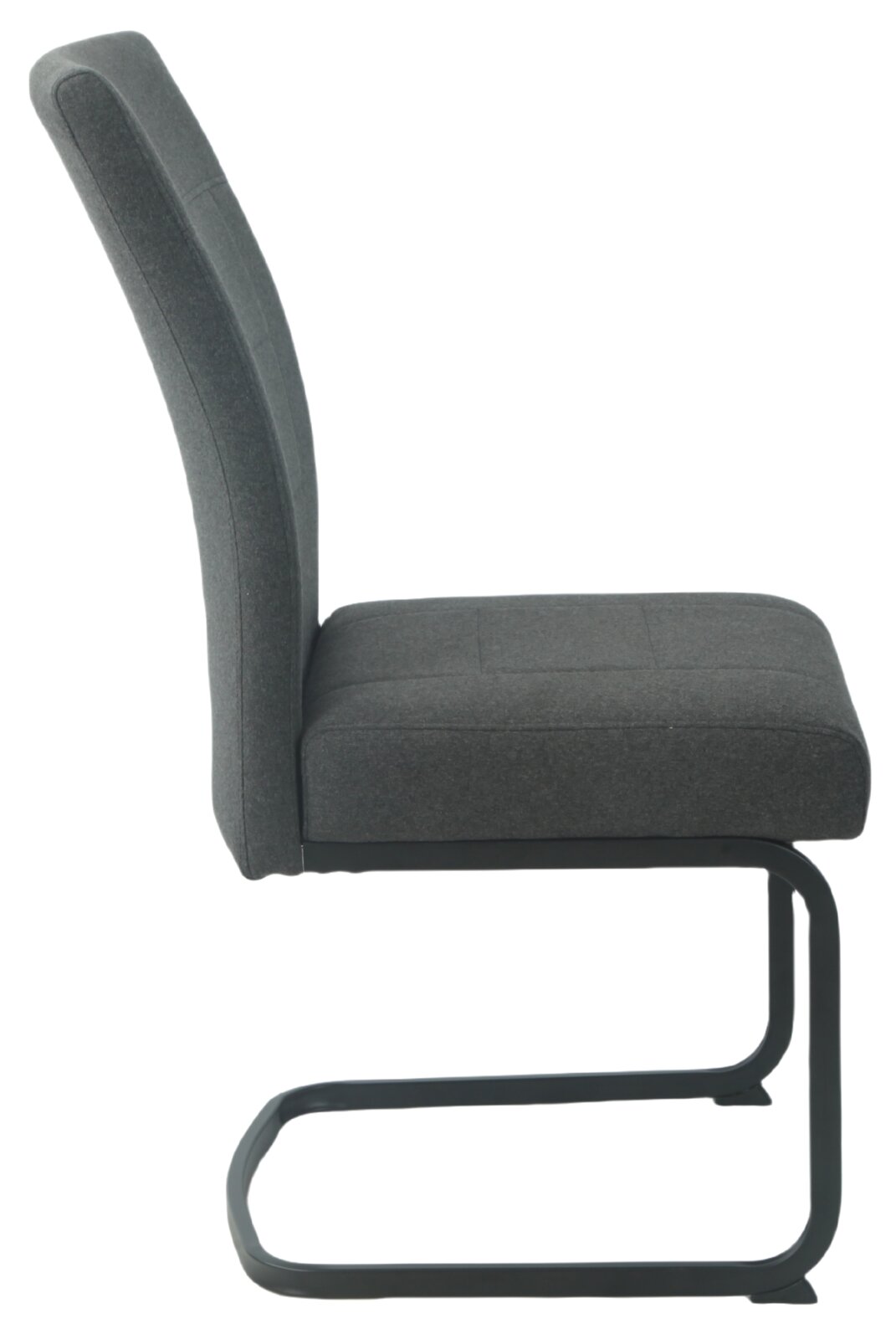 Seitenansicht eines grauen Schwingstuhls mit gepolsterter Sitzfläche und Rückenlehne auf einem schwarzen Metallgestell.