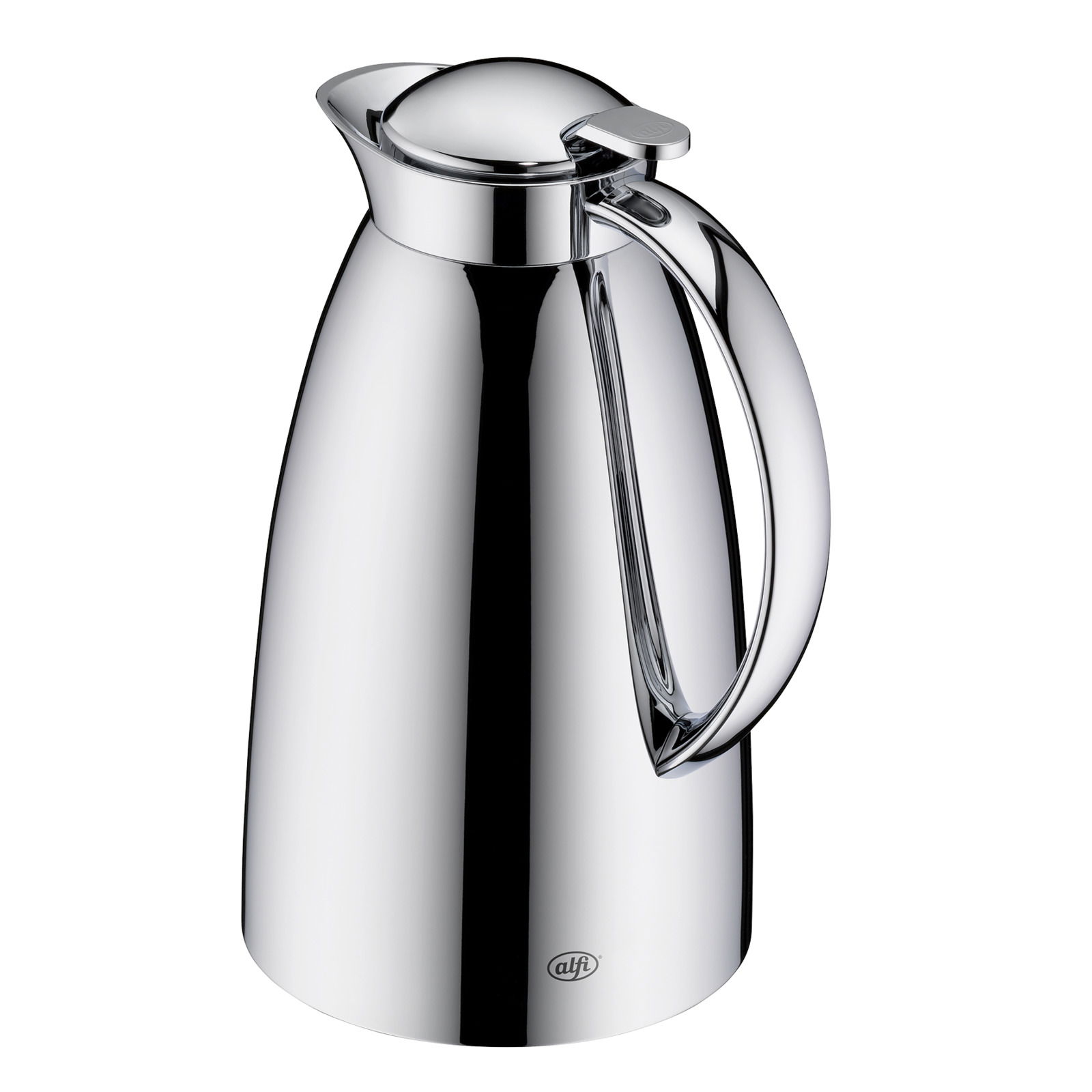 Silberne Isolierkanne mit elegantem Design, seitliche Perspektive