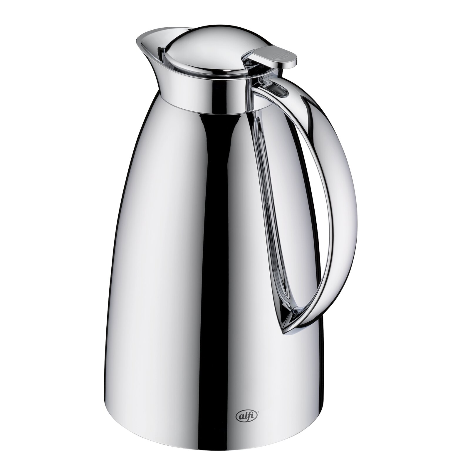 Silberne Isolierkanne mit elegantem Design, seitliche Perspektive