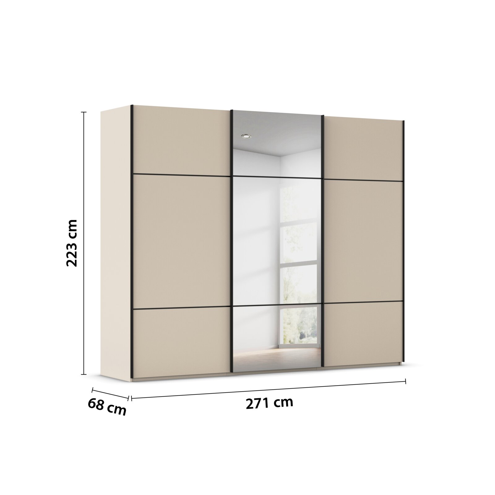 Schwebetürenschrank in Beige mit Spiegel in der Mitte, Frontansicht, Maße: 223 cm hoch, 271 cm breit, 68 cm tief