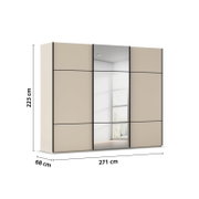 Schwebetürenschrank in Beige mit Spiegel in der Mitte, Frontansicht, Maße: 223 cm hoch, 271 cm breit, 68 cm tief