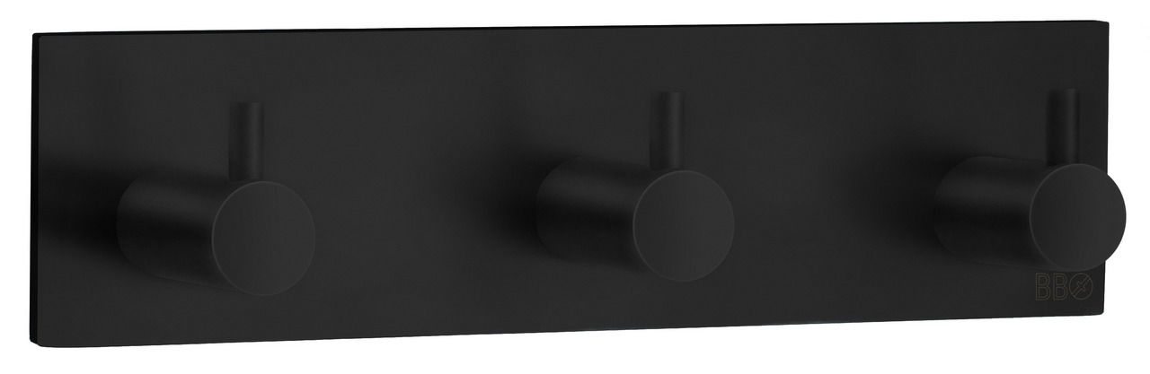 Schwarzer Edelstahl-Dreierhaken, frontal abgebildet, mit drei runden Haken auf rechteckiger Basis.