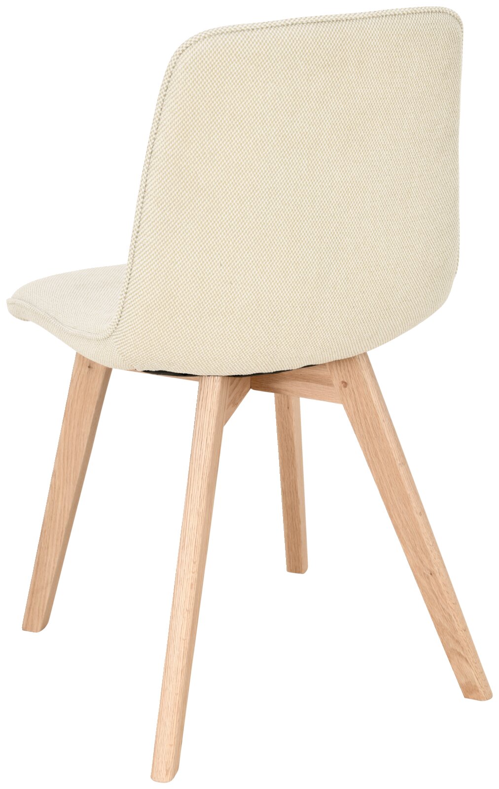 Moderner Stuhl mit hellem Stoffbezug und Holzbeinen, Rückansicht