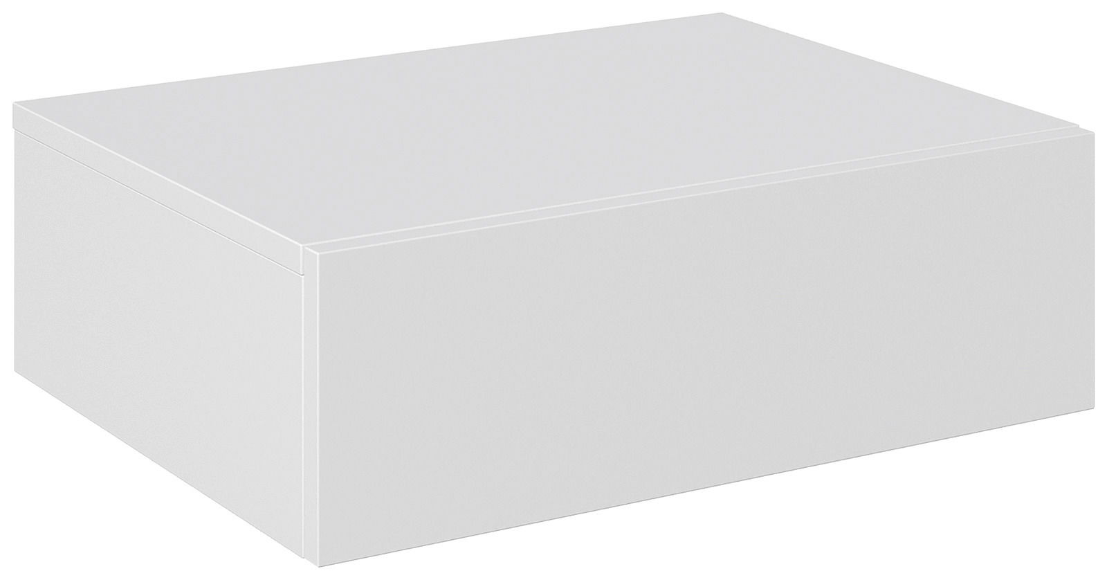 Weiße Hängekonsole oder Nachtkonsole in schlichter, moderner Optik, perspektivisch von vorne rechts betrachtet.