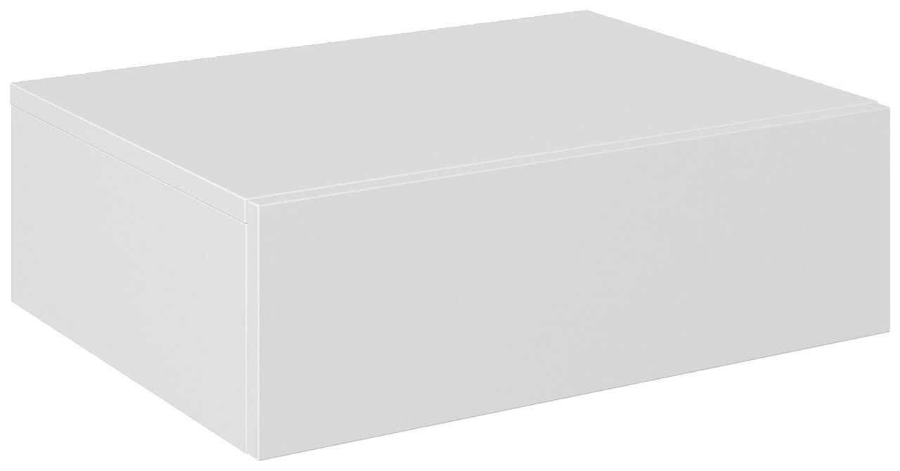 Weiße Hängekonsole oder Nachtkonsole in schlichter, moderner Optik, perspektivisch von vorne rechts betrachtet.
