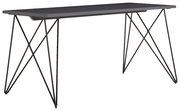 Moderner Schreibtisch mit schwarzer Tischplatte und filigranen Metallbeinen, seitliche Perspektive