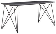 Moderner Schreibtisch mit schwarzer Tischplatte und filigranen Metallbeinen, seitliche Perspektive