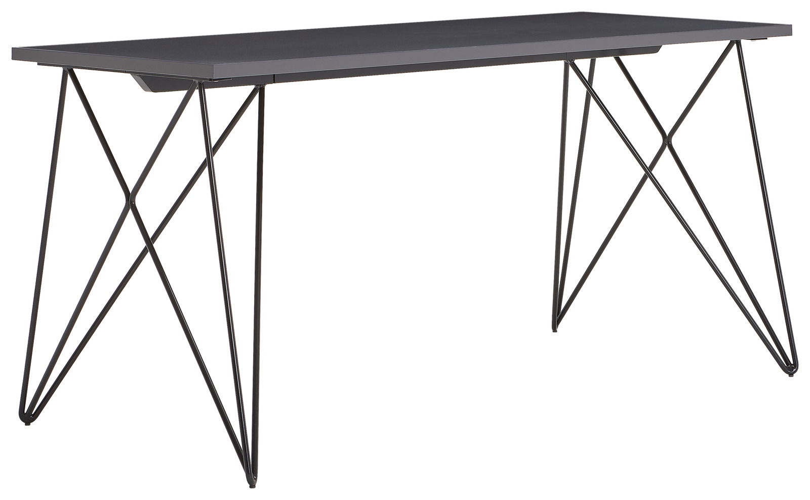 Moderner Schreibtisch mit schwarzer Tischplatte und filigranen Metallbeinen, seitliche Perspektive
