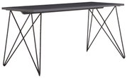Moderner Schreibtisch mit schwarzer Tischplatte und filigranen Metallbeinen, seitliche Perspektive