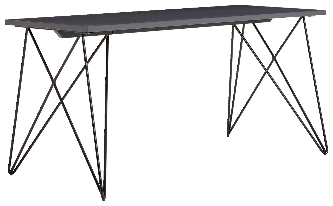 Moderner Schreibtisch mit schwarzer Tischplatte und filigranen Metallbeinen, seitliche Perspektive