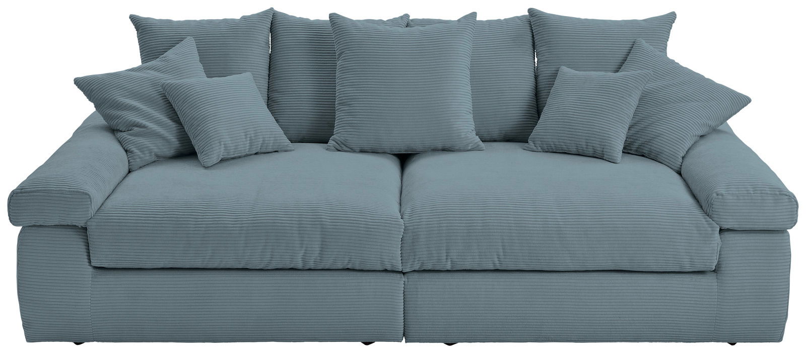 Großes, komfortables Big-Sofa in blauer Farbe mit mehreren Kissen, Vorderansicht.