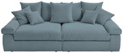Großes, komfortables Big-Sofa in blauer Farbe mit mehreren Kissen, Vorderansicht.