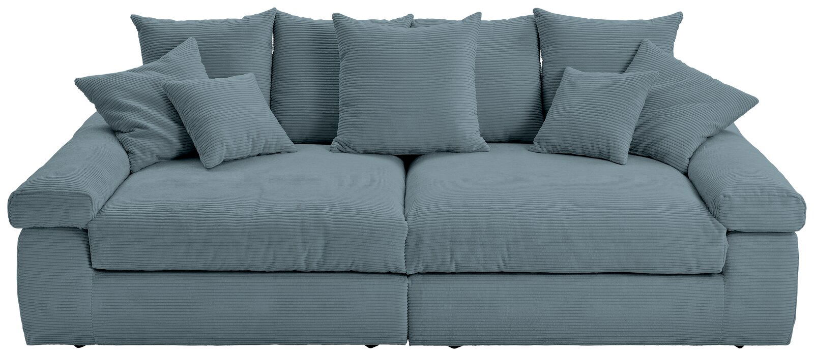 Großes, komfortables Big-Sofa in blauer Farbe mit mehreren Kissen, Vorderansicht.