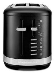 Schwarzer Toaster mit zwei Schlitzen und Bedienelementen an der Vorderseite, Frontalansicht