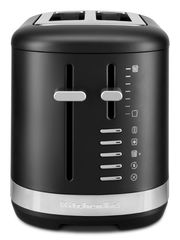 Schwarzer Toaster mit zwei Schlitzen und Bedienelementen an der Vorderseite, Frontalansicht