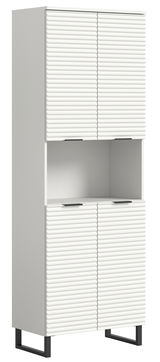 Weißer Hochschrank mit gerippten Türen, offene mittlere Ablage, schwarze Metallfüße, seitliche Perspektive