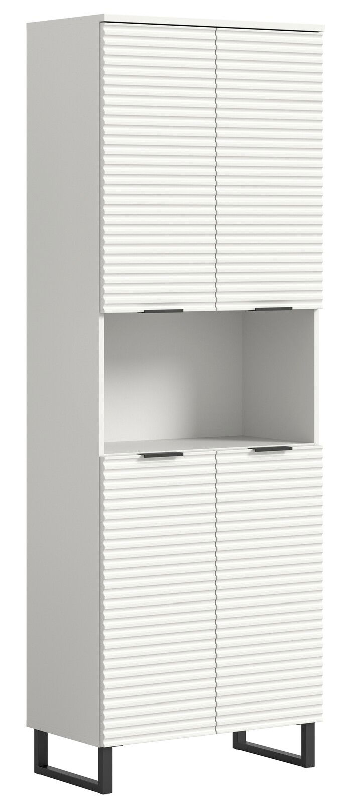 Weißer Hochschrank mit gerippten Türen, offene mittlere Ablage, schwarze Metallfüße, seitliche Perspektive