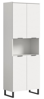 Weißer Hochschrank mit gerippten Türen, offene mittlere Ablage, schwarze Metallfüße, seitliche Perspektive