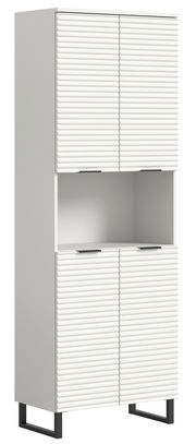 Weißer Hochschrank mit gerippten Türen, offene mittlere Ablage, schwarze Metallfüße, seitliche Perspektive