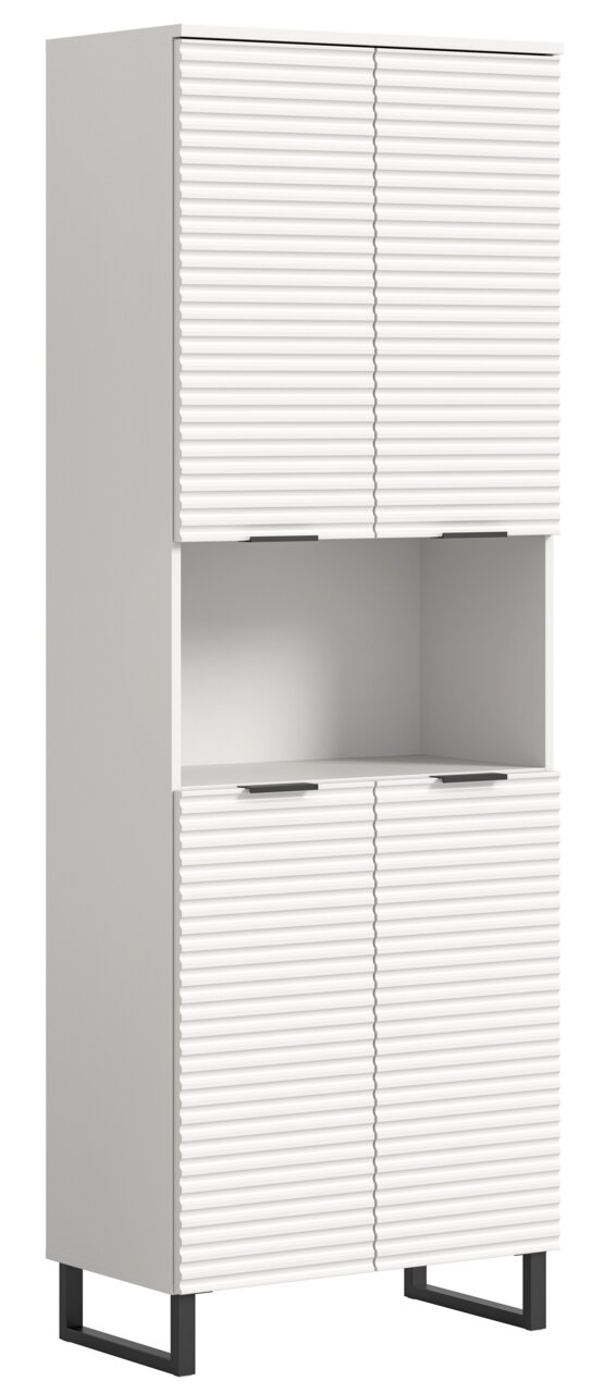 MID.YOU Hochschrank RIFF Weißer Hochschrank mit gerippten Türen, offene mittlere Ablage, schwarze Metallfüße, seitliche Perspektive