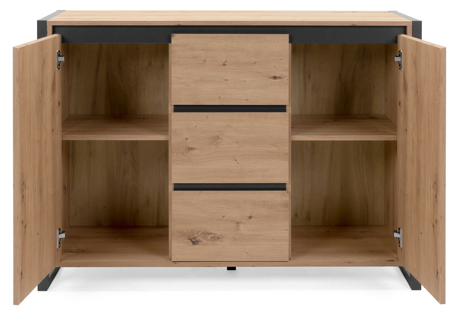 Frontale Ansicht eines modernen Sideboards aus Holz mit offenen Türen und Regalfächern.
