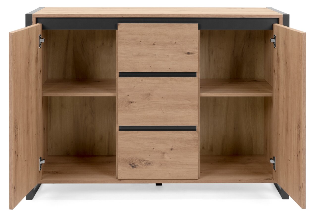 Vooraanzicht van een modern houten dressoir met open deuren en planken.
