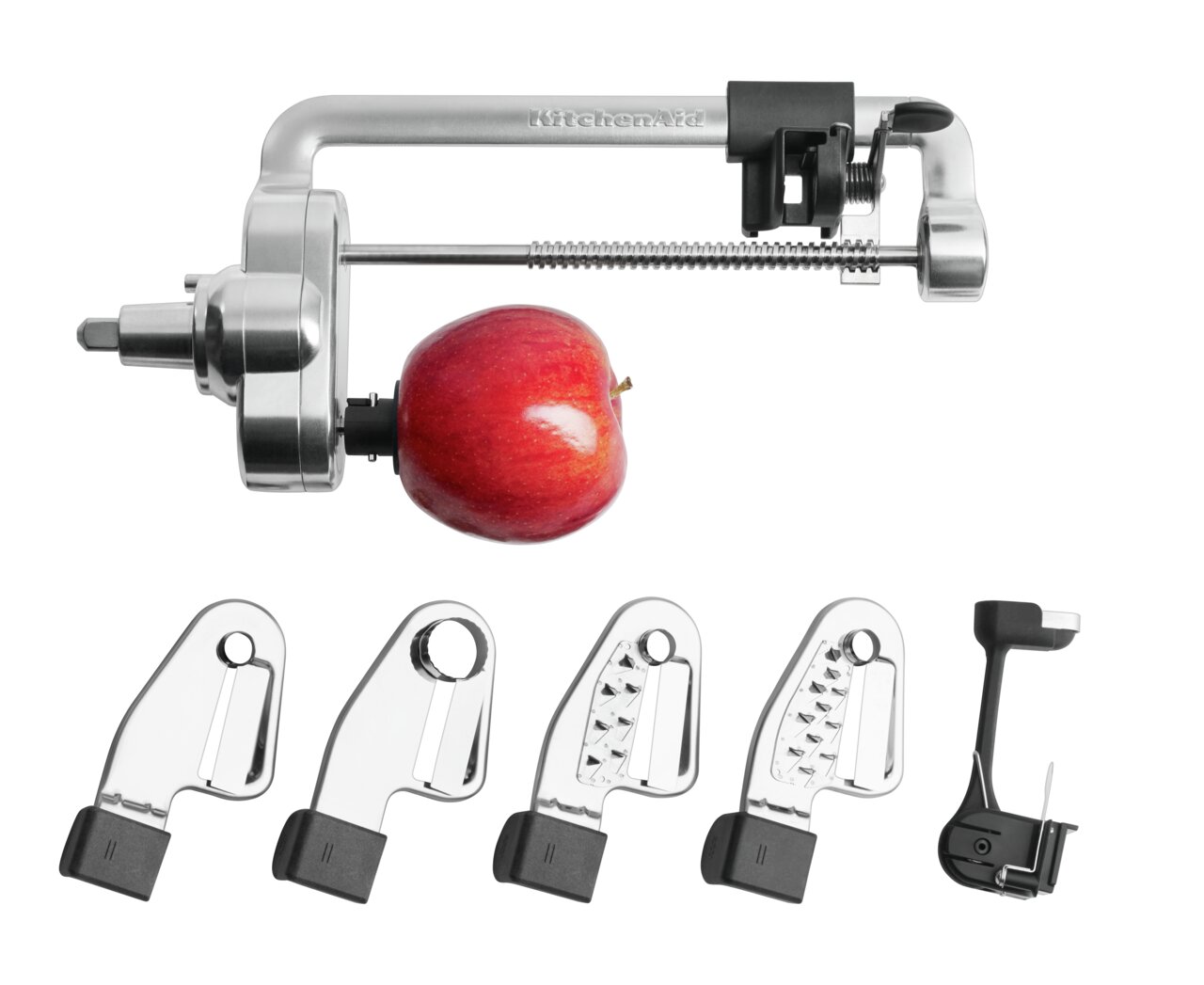 KitchenAid Spiralschneider Spiralschneider mit einem Apfel auf der Halterung, von oben betrachtet, inklusive verschiedener Klingenaufsätze.