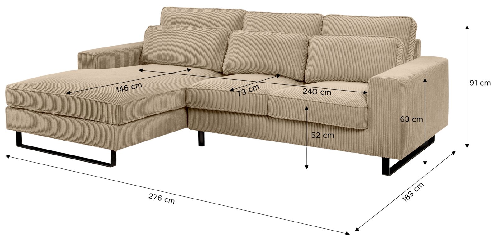 Beiges Sofa in L-Form mit linker Ausrichtung, Maße: 276 cm x 183 cm x 91 cm, aus einer leicht erhöhten Perspektive fotografiert.