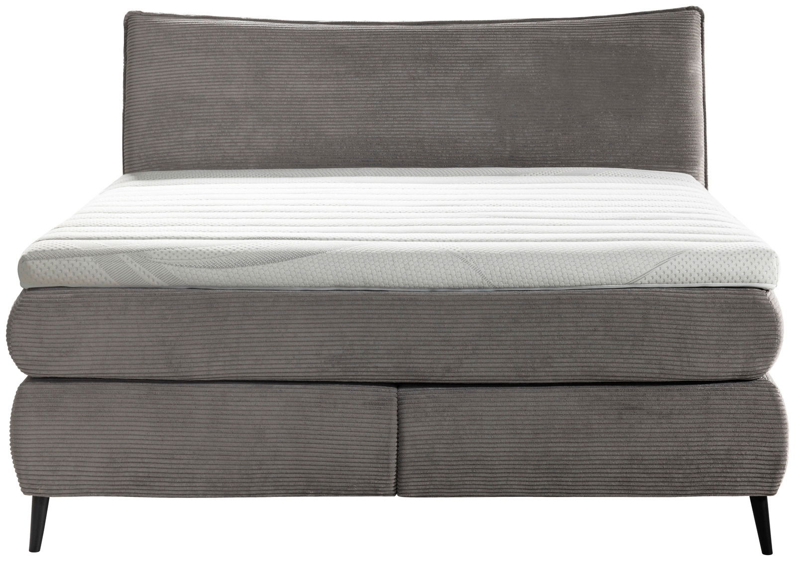 Frontansicht eines grauen Boxspringbetts 180x200 mit gestepptem Kopfteil und weißer Matratze.