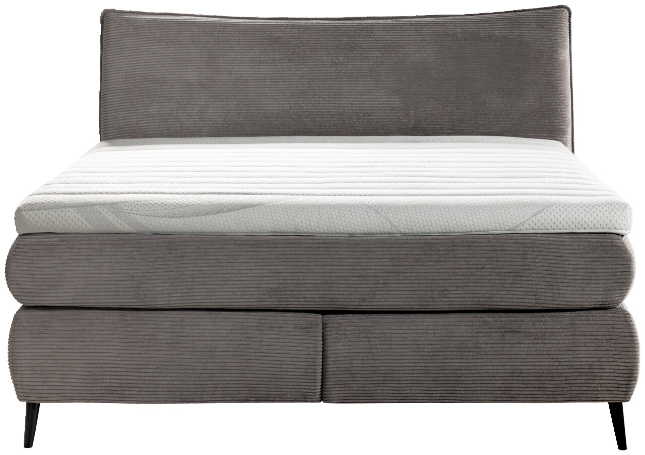 Frontansicht eines grauen Boxspringbetts 180x200 mit gestepptem Kopfteil und weißer Matratze.