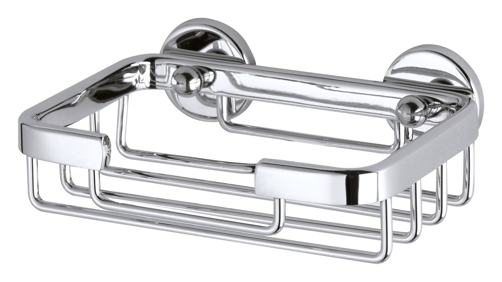 Wandmontierter, verchromter Seifenkorb aus Aluminium in schräger Perspektive