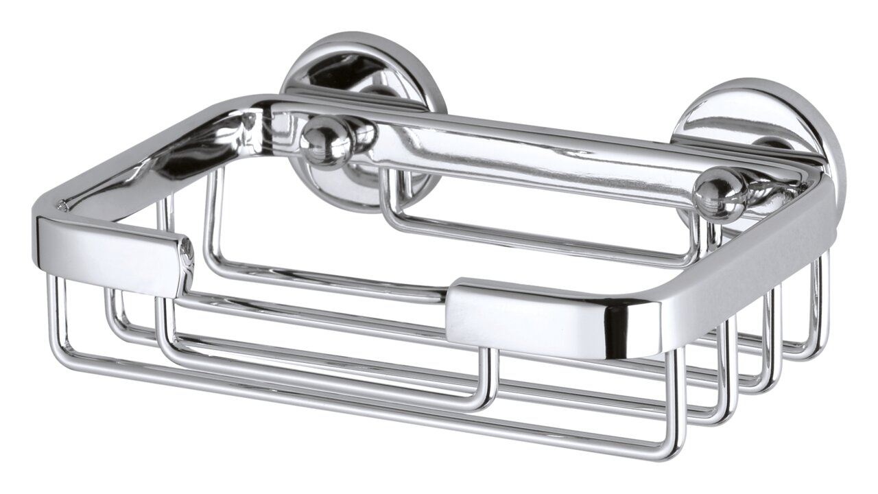 Wandmontierter, verchromter Seifenkorb aus Aluminium in schräger Perspektive