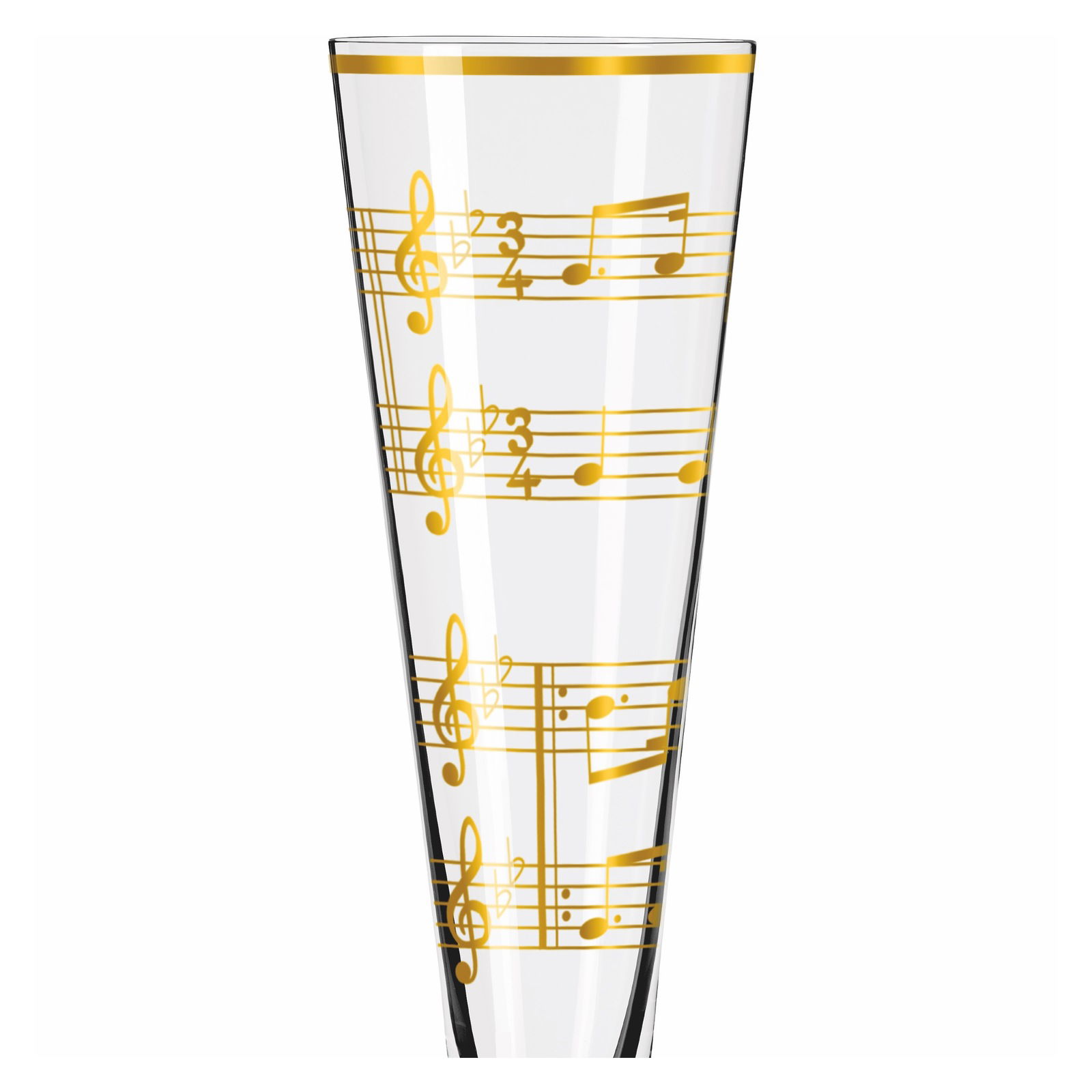Champagnerglas mit goldenen Notenlinien und Noten, seitliche Perspektive