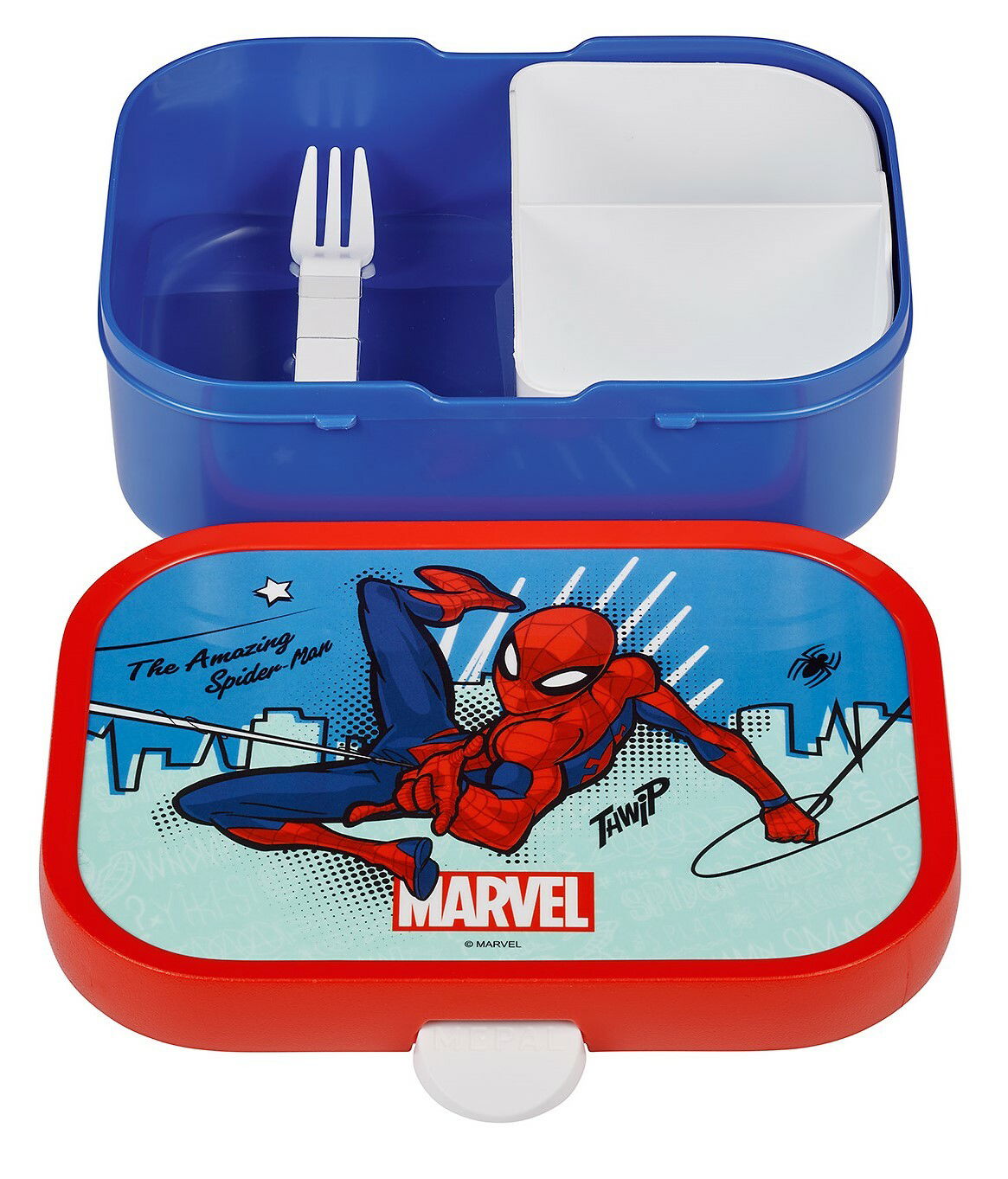Lunchbox mit Spiderman-Motiv, geöffnet, zeigt Innenfächer und Gabel, aus der Vogelperspektive