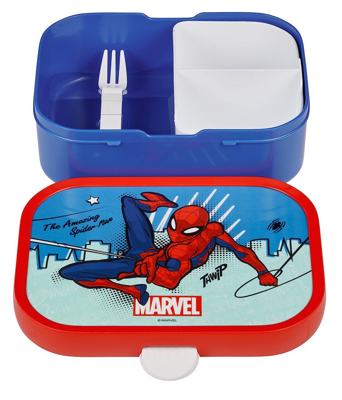 Lunchbox met Spiderman-motief, geopend, met zicht op de binnenvakken en een vork, vanuit vogelperspectief