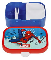 Lunchbox met Spiderman-motief, geopend, met zicht op de binnenvakken en een vork, vanuit vogelperspectief