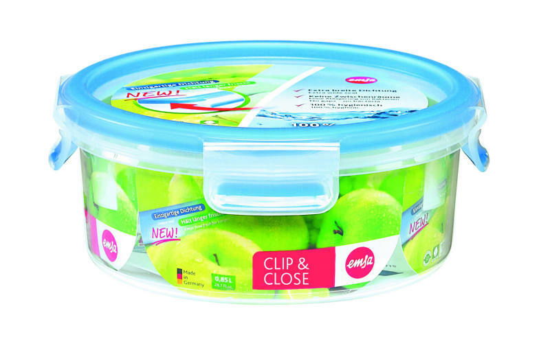 Runde Frischhaltedose CLIP & CLOSE 0,85 Liter mit blauem Deckel, seitliche Perspektive