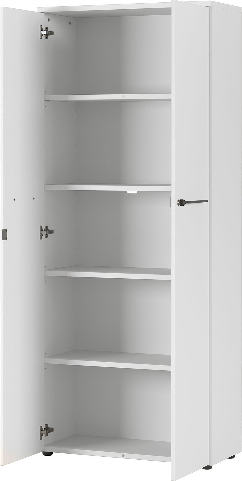 Weißer Aktenschrank mit offenen Türen, vier Einlegeböden, Frontalansicht