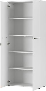 Weißer Aktenschrank mit offenen Türen, vier Einlegeböden, Frontalansicht