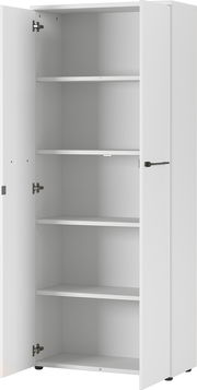 Weißer Aktenschrank mit offenen Türen, vier Einlegeböden, Frontalansicht