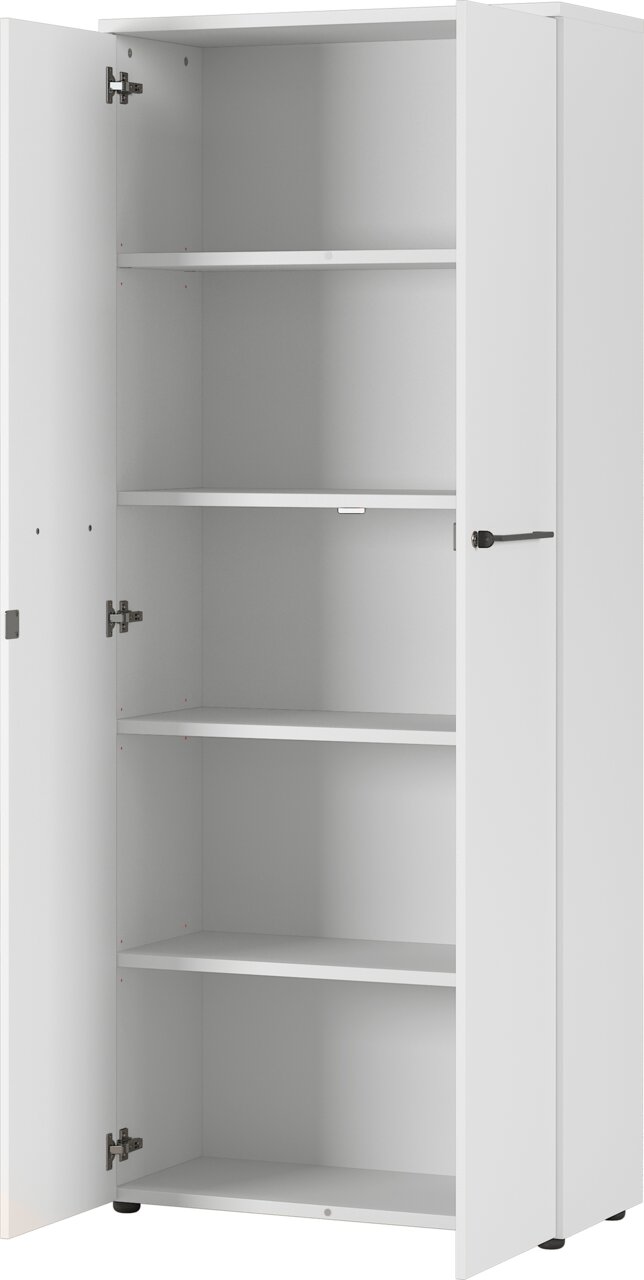 Witte archiefkast met open deuren, vier legplanken, vooraanzicht