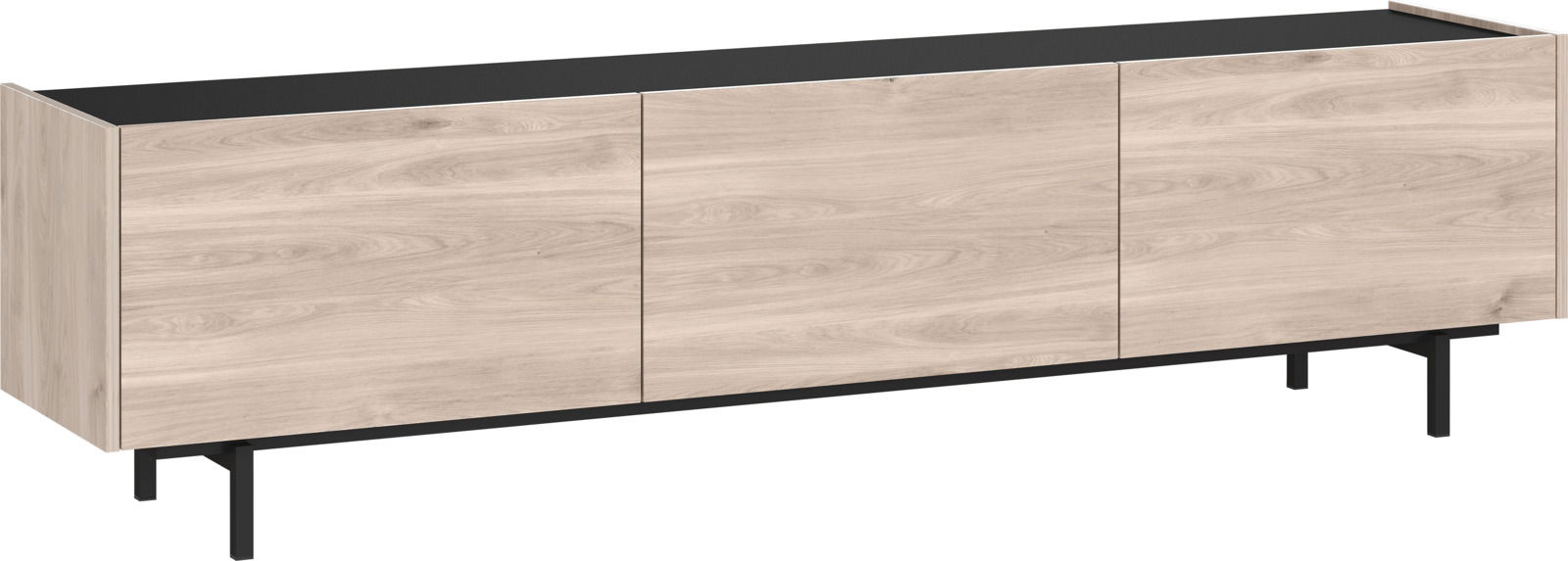 Modernes TV-Lowboard aus hellem Holz mit drei Türen, schwarzer Oberseite und Metallbeinen, seitliche Perspektive