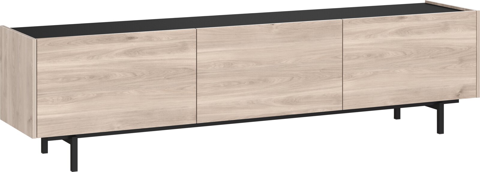 Modern tv-lowboard van licht hout met drie deuren, een zwart bovenblad en metalen poten, gezien vanaf de zijkant