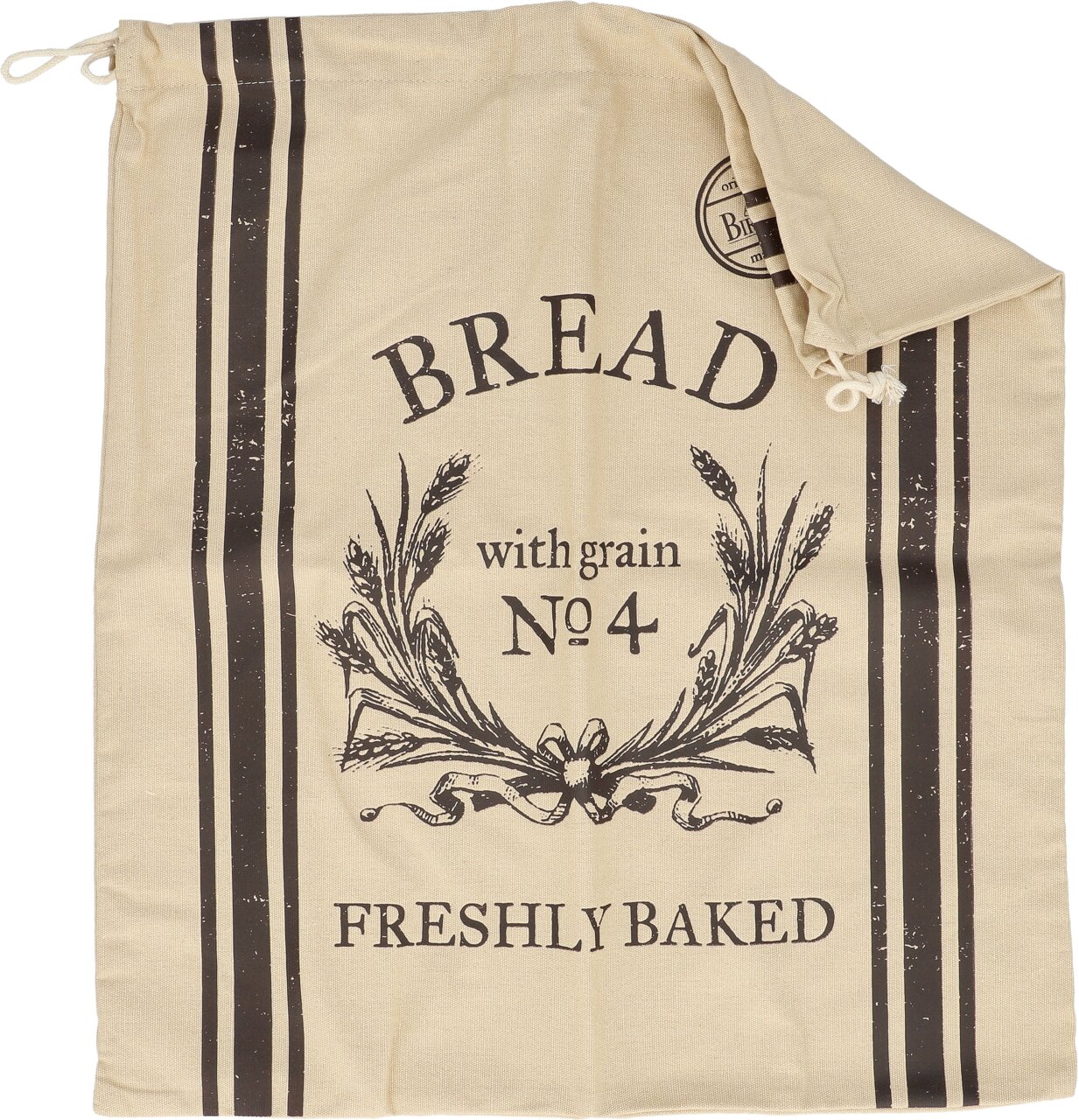 Birkmann Broodzak FRESHLY BAKED Een beige broodzak met het opschrift 'BREAD with grain No 4 FRESHLY BAKED', gefotografeerd van bovenaf.
