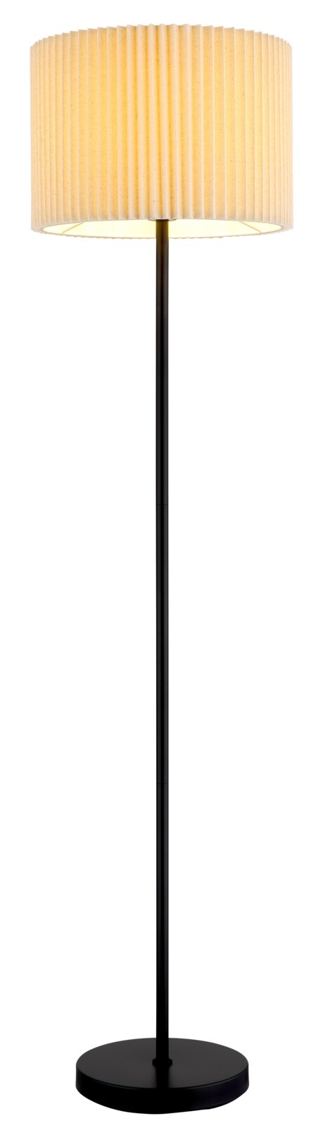 Stehleuchte mit schwarzem Standfuß und cremefarbenem, plissiertem Lampenschirm, frontal abgebildet.